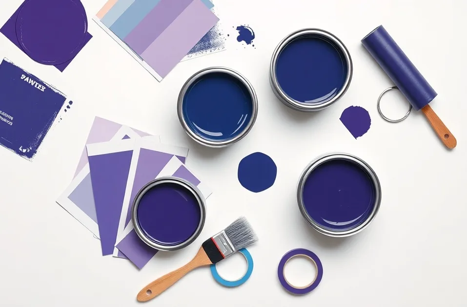 Pots de peinture, nuancier, brosses et rouleaux disposés à plat