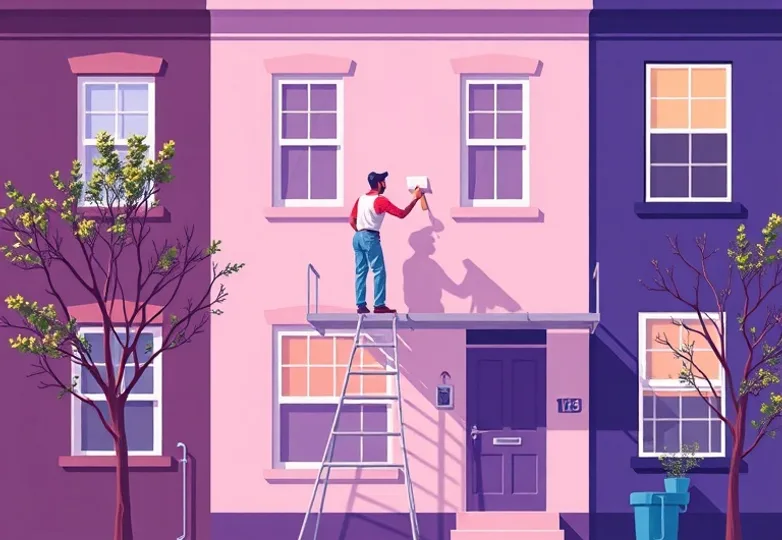 Peintre sur échafaudage traitant la façade d'une maison